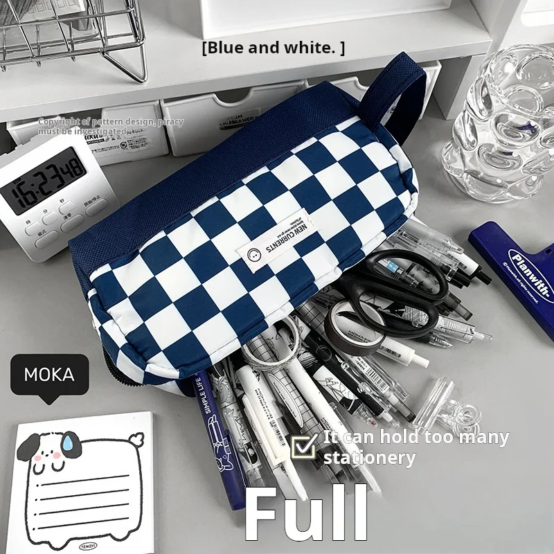 MOKA Classic milk pattern black and white chessboard grid pencil case large capacity student grid buggy bag pencil box