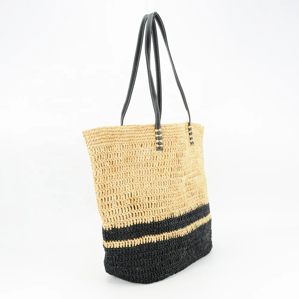 Straw Raffia Beach Tote Bag with black leather handles raffia straw from Madagascar