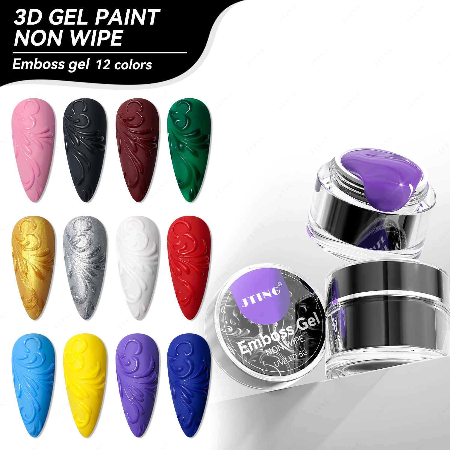 JTING Non wipe 12colors 3D painting gel Unique nail art effect emboss nail gel polish collection OEM custom free design for jars