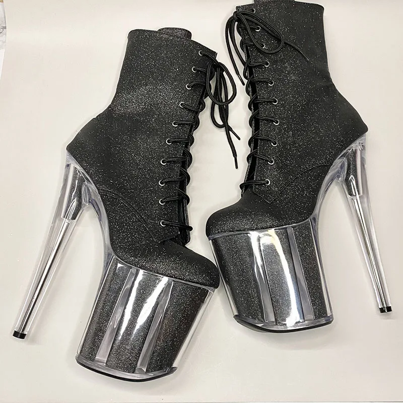 OEM/ODM glitter pole dance transparent stiletto 6 inch platform leather shoes women lace up boot with see through platform