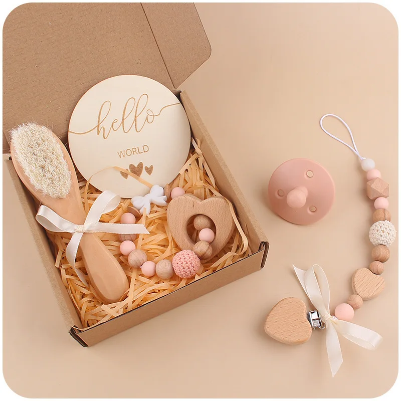 Baby Shower Newborn Lovey Welcome Gifts Set Baby Boy Girl Gift Set Newborn Bibs Beech Teether Pacifier Clip Unique Present