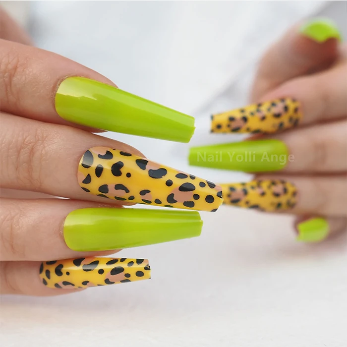 Neon Green Leopard Long Coffin Press On Nails 24 Pc Nail Set - Ready To Ship - Gift For Her