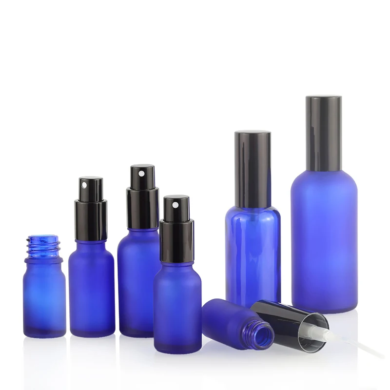 Full Set 10Ml 20Ml 30Ml 50Ml Blue Cylinder Glass Oil Bottle Gold Aluminum Pump Spray Bottles