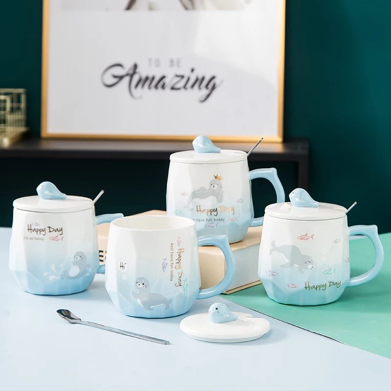 Feiyou wholesale Nordic style Cartoon 3D three-dimensional relief sea lion ceramic cup Creative mugs Cup with lid spoon