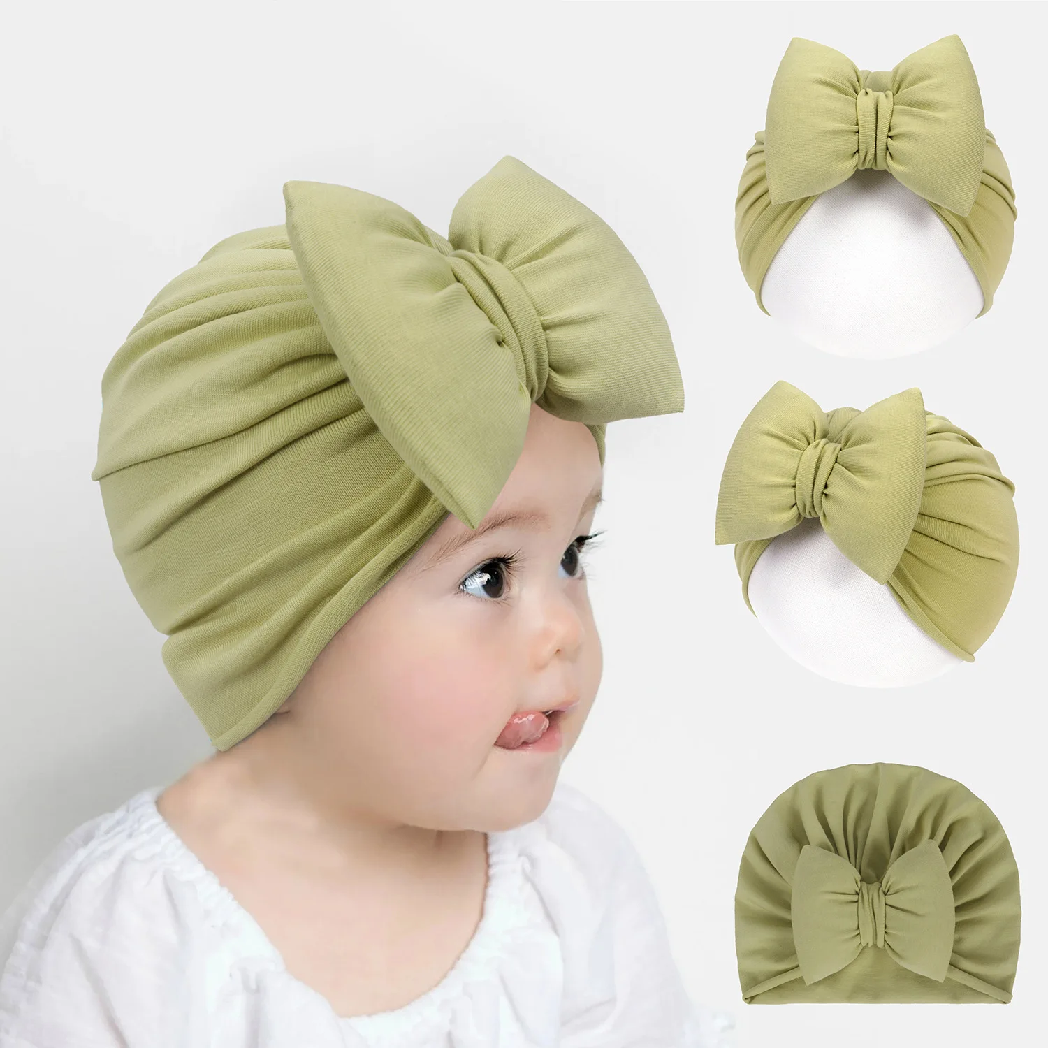 Newborns Baby turban hats Bow Solid Nursery  Cap Beanie Bonnet Headwear Headwrap Turban Hat