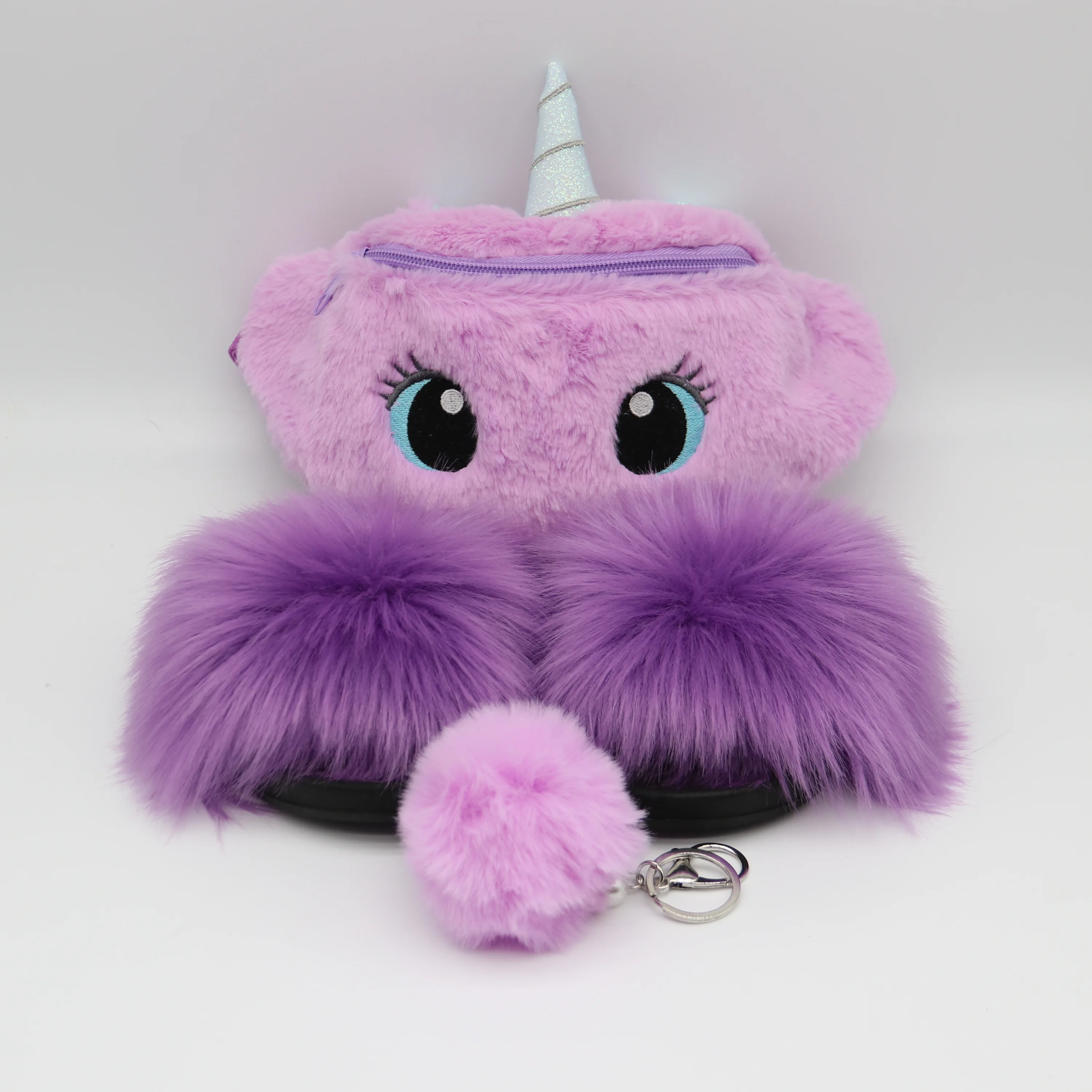 
purple colors children girls crossbody shoulder fanny pack cartoon unicorn handbag fluffy plush fur slides 