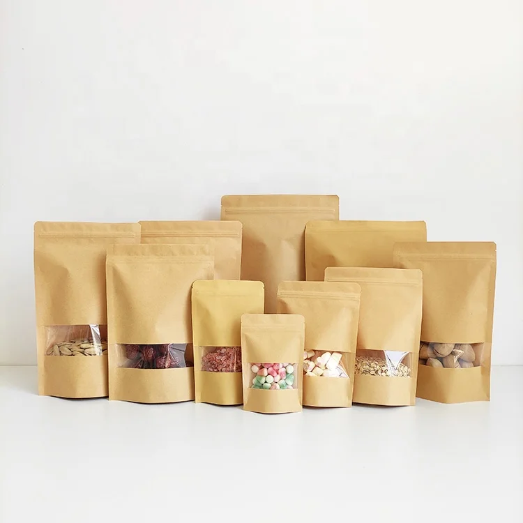 9x14cm Small mini size recyclable brown color clear window kraft paper bag with zipper for food packing