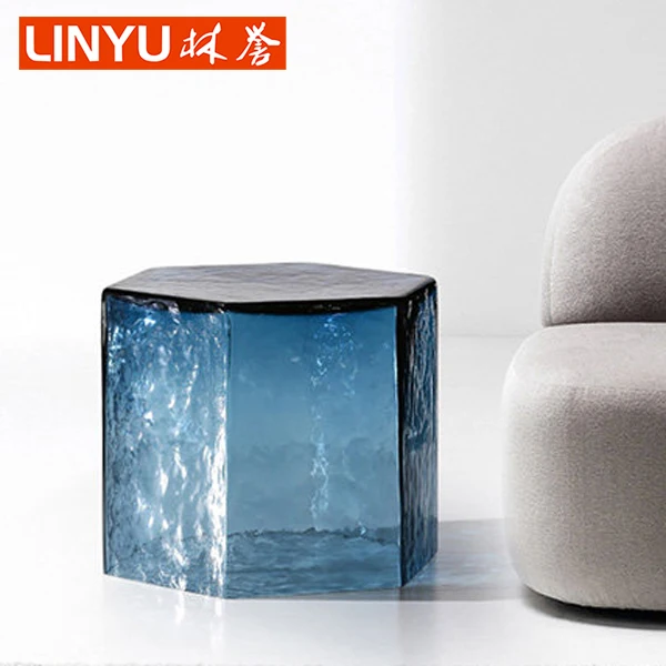 Hot sales modern hexagon sexangle mold blue clear glass coffee tea sofa side table for living room
