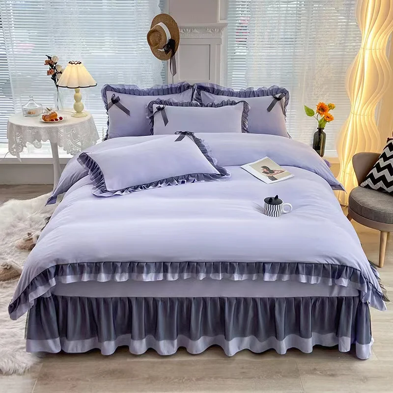Cotton and linen four-piece set simple solid color washable quilt set bed linen