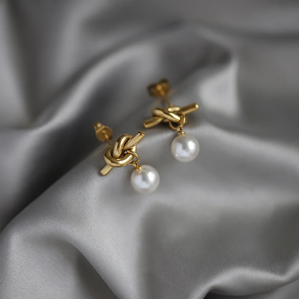 Stainless Steel Knot Pearl Earrings Summer Beach Jewelry 18K PVD Gold Plated White Gray Pearls Drop Dangle Earring Wholesaler