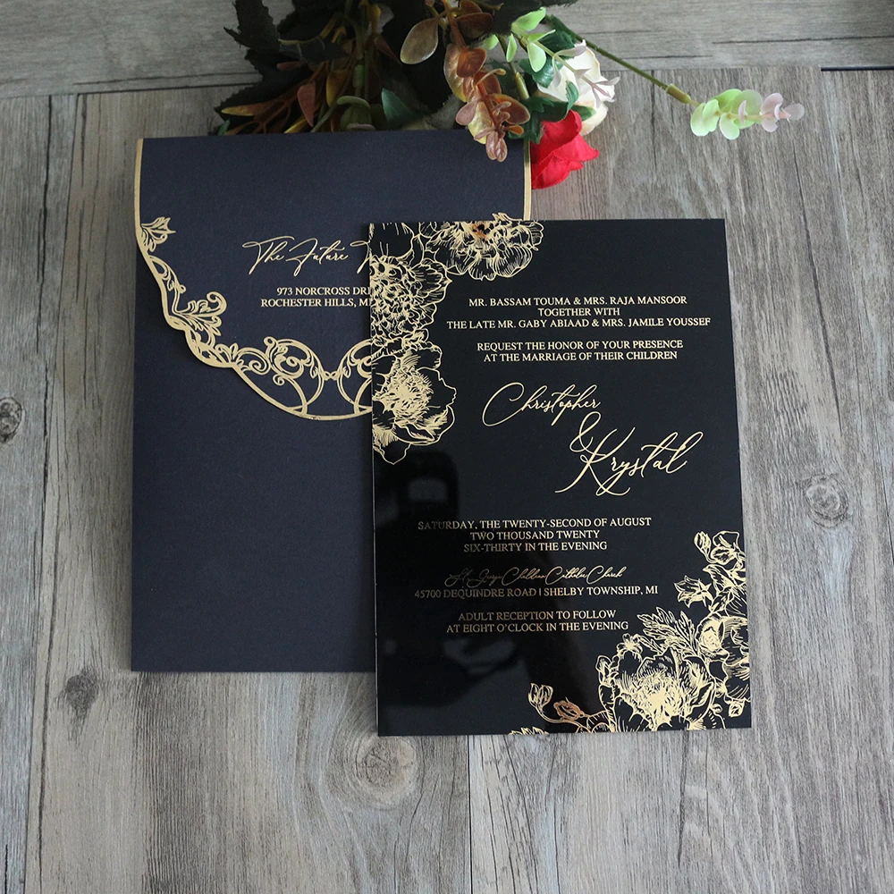 Cheap Price Hollow flower  Marriage Invitation Card with Pocket Envelope custom acrylic birthday invitation cards menu cards