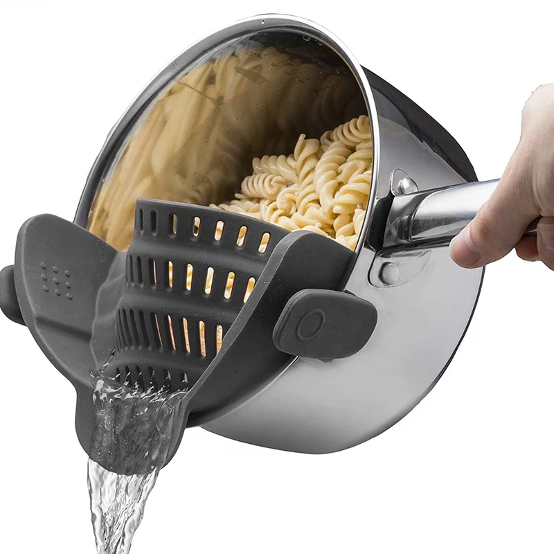 New design fits all pots and bowls kitchen snap n strain strainer silicone clip on food strainer
