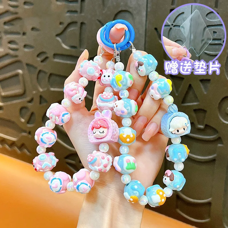 Candy Color Plastic Bead Backpack Bag Pendant Keychain Cute Doll Beaded Phone Wrist Strap Kawaii Bead Mobile Phone Chain