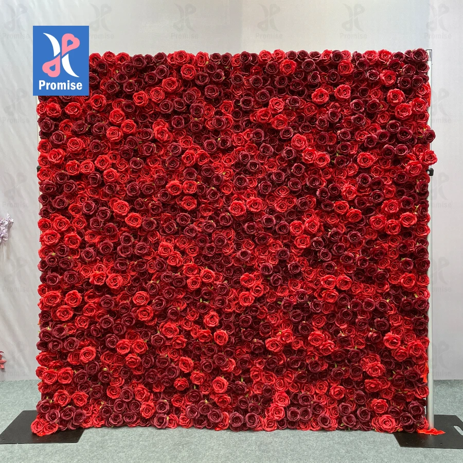 Promise Oem 8*8ft Cloth 3D 5D Roll Up Flowers Backdrop Wedding Rose Backdrop Fabric Floral Wall Panel WED red Flower Wall