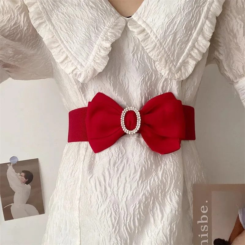French Romantic Big Bow Belt Women Elastic Waist Belts Wide  6cm corset belt