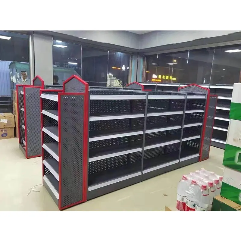 5 tiers red supermarket gondola shelf with 6 tiers end gondola shelf for grocery store