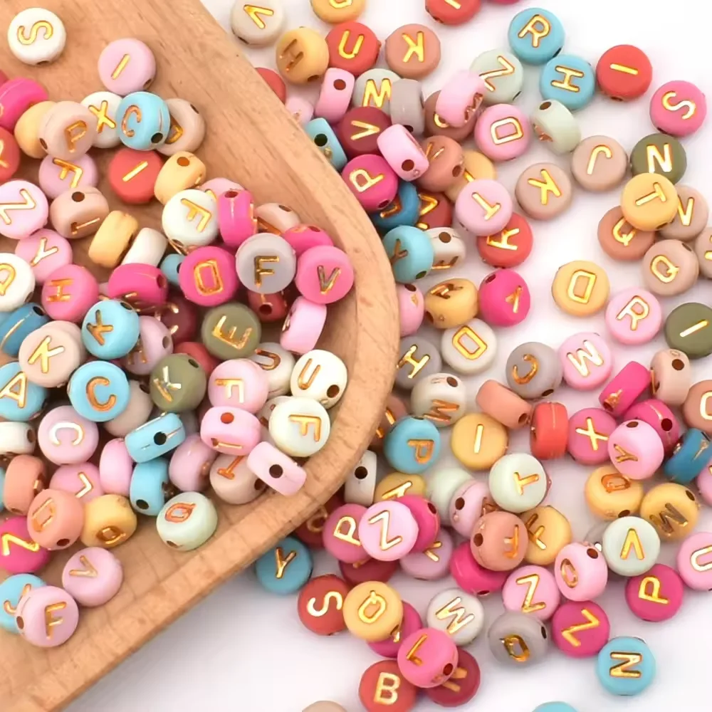 Hot Sale 100pcs/500g   4x7mm Handmade Craft Decor Multiple Colors Gold 26 Letters Round Flat Acrylic Loose Alphabet Beads