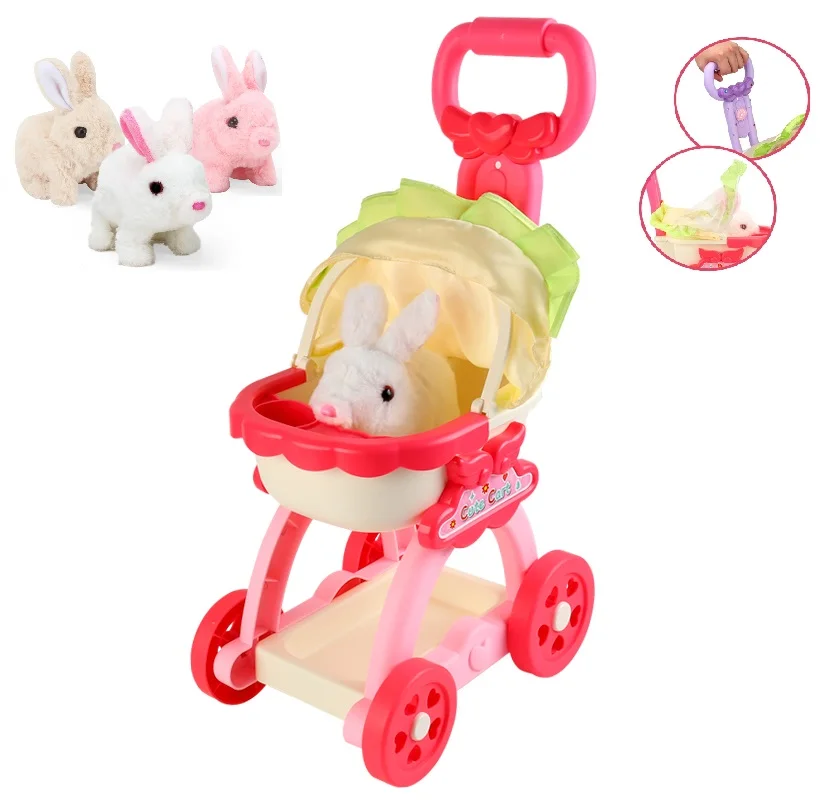 Electric Plush Cute Pet Cart Toy Stroller Set Baby Trolley B/o Animal Toys Pretend Play Game for Children