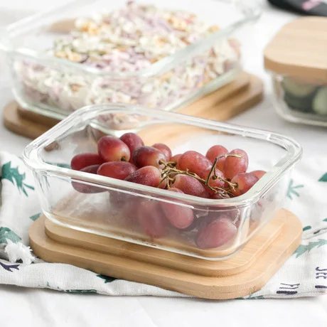 Japanese Household Bamboo Wooden Lid Glass Crisper Containers Crisper Ware Sealed Bento Box Lunch Box Microwave Refrigerator