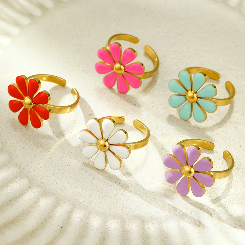 Enamel Daisy Flower Rings Women Colorful Drop Oil Stainless Steel Summer Open Rings Gold Plated Fashion Jewelry Tarnish-Free