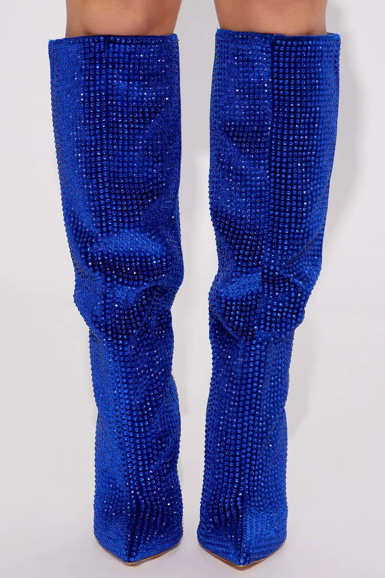 Women Noble Pink Wedge Heel Suede Knee Boots Rhinestones Blue Crystal Winter Elegant Sexy Women Shoe 44