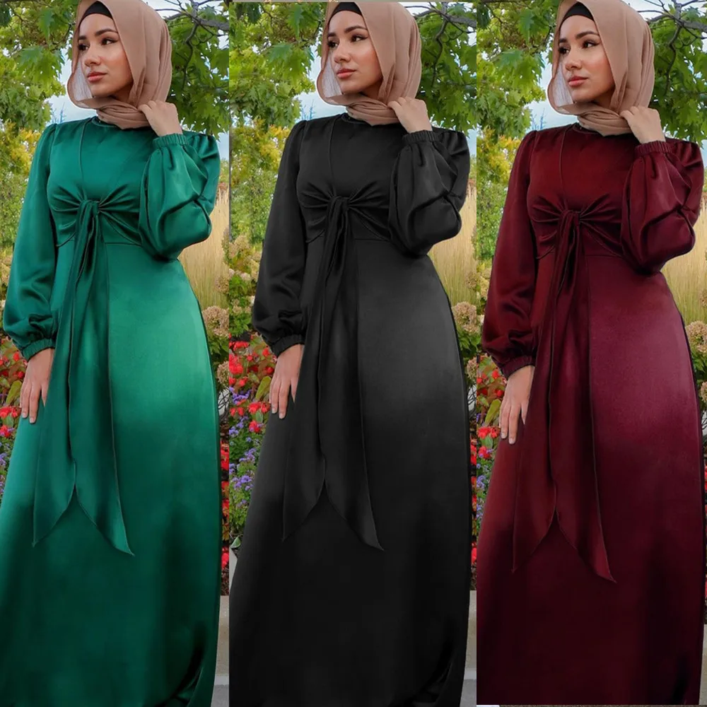 Wholesale New Fashion Islamic Clothing Lace-Up Satin Abaya Turkey Arabic Dubai Hijab Style Solid Double Satin Long Dress