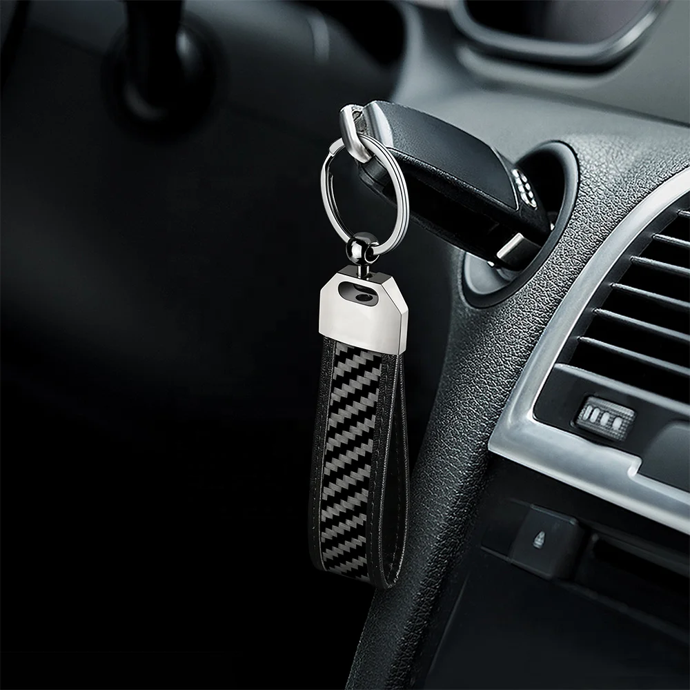 Hand Made Flexible Carbon Fiber Material Key Chain Metal Ring Genuine Leather Keychain