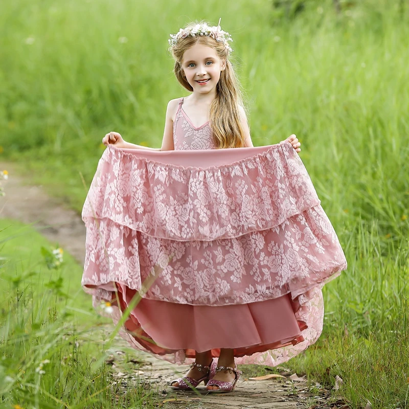 Boho Flower Girl Dress Wedding Pink Black Withe Ball Gowns For Girls 4-14 Years Old