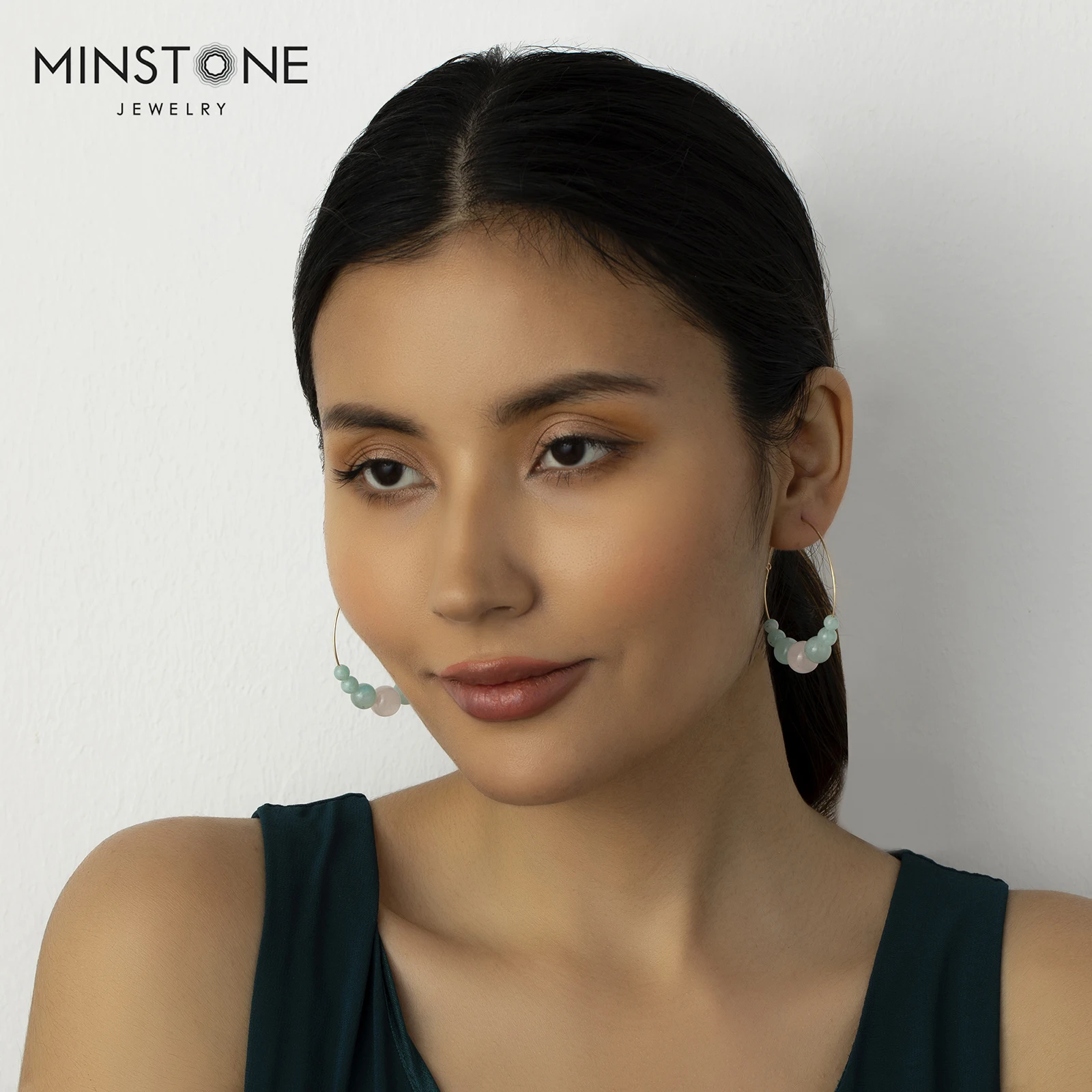 Minstone Custom Logo High Quality 14k Gold Filled Waterproof Wearable Bath Natural Stone Pendant Handmade Jewelry Hoop Earrings