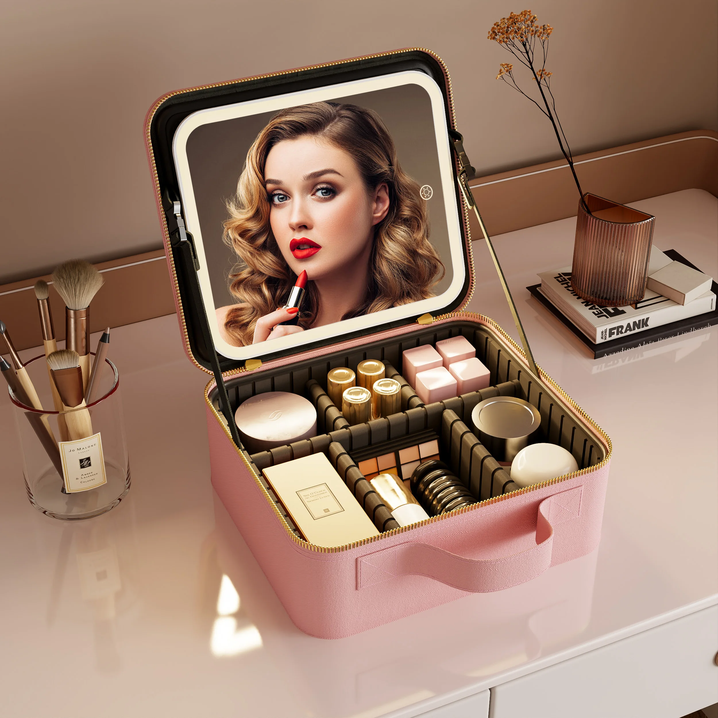 Pink Type-C Portable Charging Organizer Cosmetic Travel Vanity Make Up Bag Box Makeup Case With Led Mirror Light
