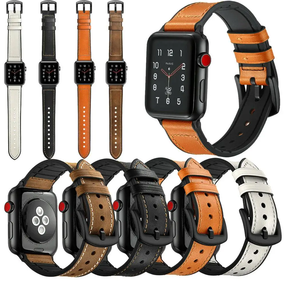 Genuine Leather & Silicone Replacement Strap Band For Apple Watch Series 7 6 5 4 3 2 1 45 mm 42 44 41 40 38 mm