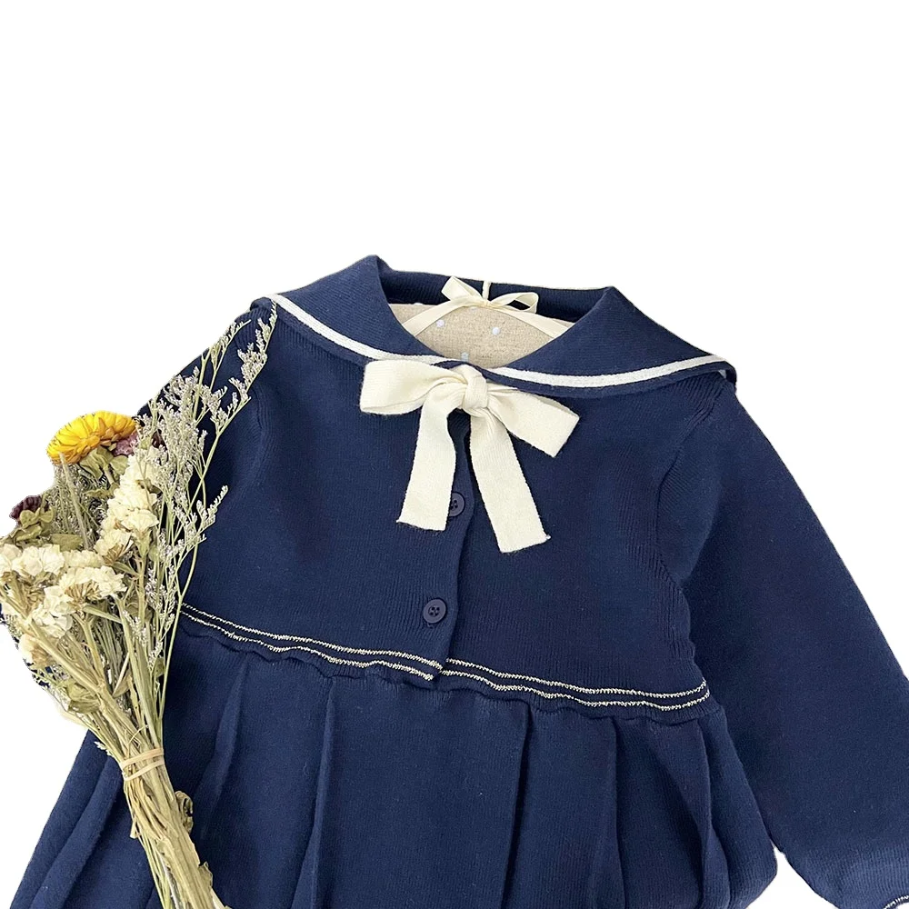 Осеннее вязаное платье для маленьких девочек, плиссированное платье с воротником в морском стиле
