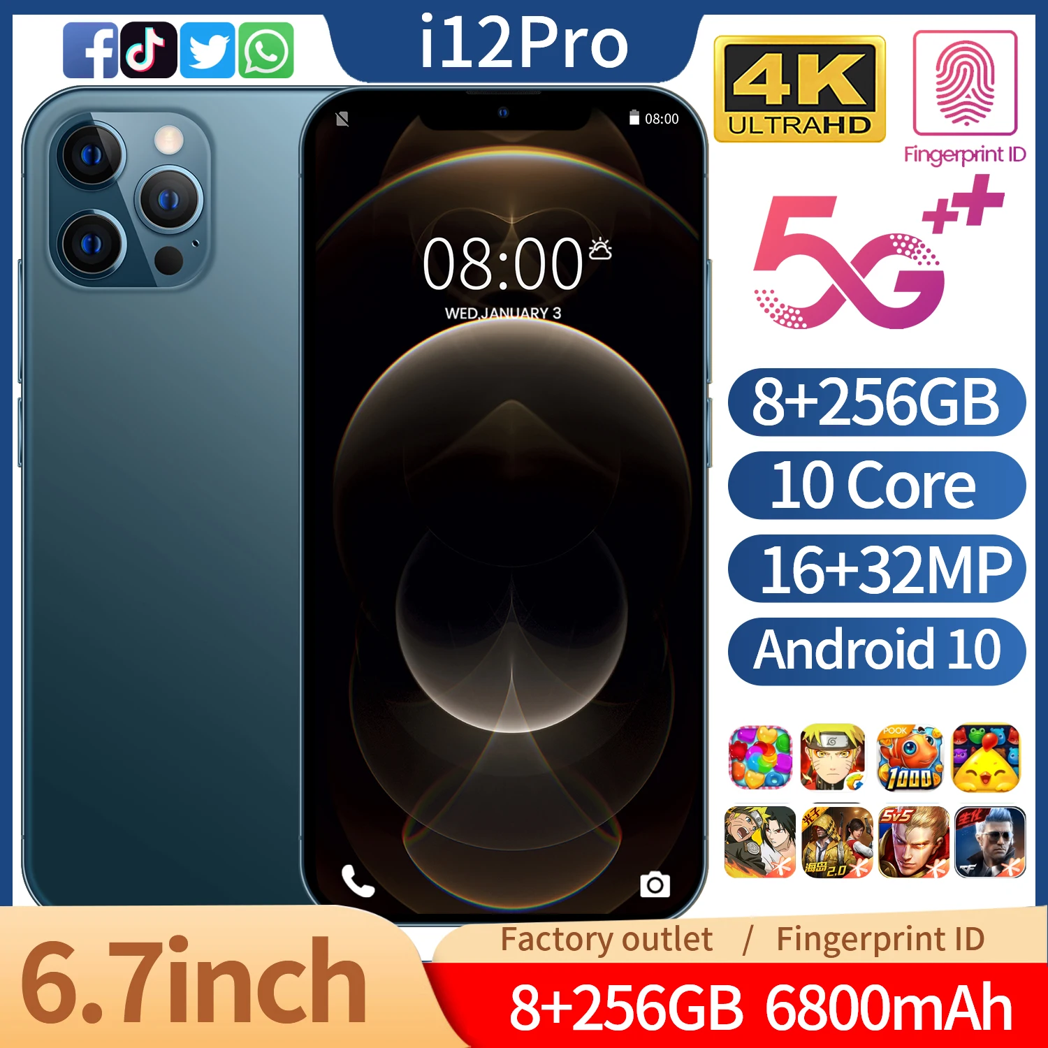 Горячая распродажа! PHONE12 PRO MAX 8 ГБ + 256 6 7 дюймов полный экран Android 10 0 мобильный телефон I12 сотовый