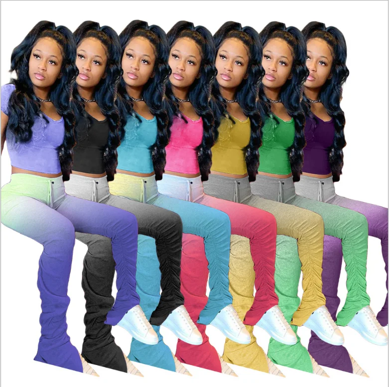 
Fashion Ruched Gradient Stacked Pants Leggings Women Crop Top & Pants Pleated Trousers 