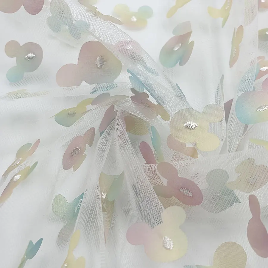 Textile embroidery 3D rainbow multicolor laser cutting printed mickey mouse appliques tulle mesh fabric