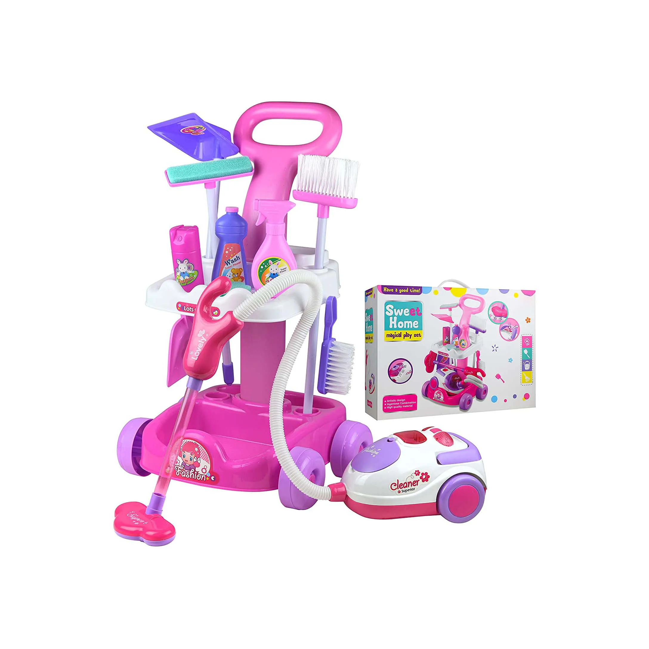 Magical Play Set for Kids with Toy Vacuum Cleaner Mop Broom Sponge Dustpan and Pretend Cleaning