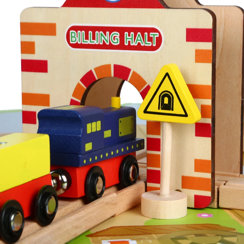 54 Pieces Wooden Train Tracks Set with Train,Cars,Trees and Beautiful Town set,High Quality Wood Toys for Children
