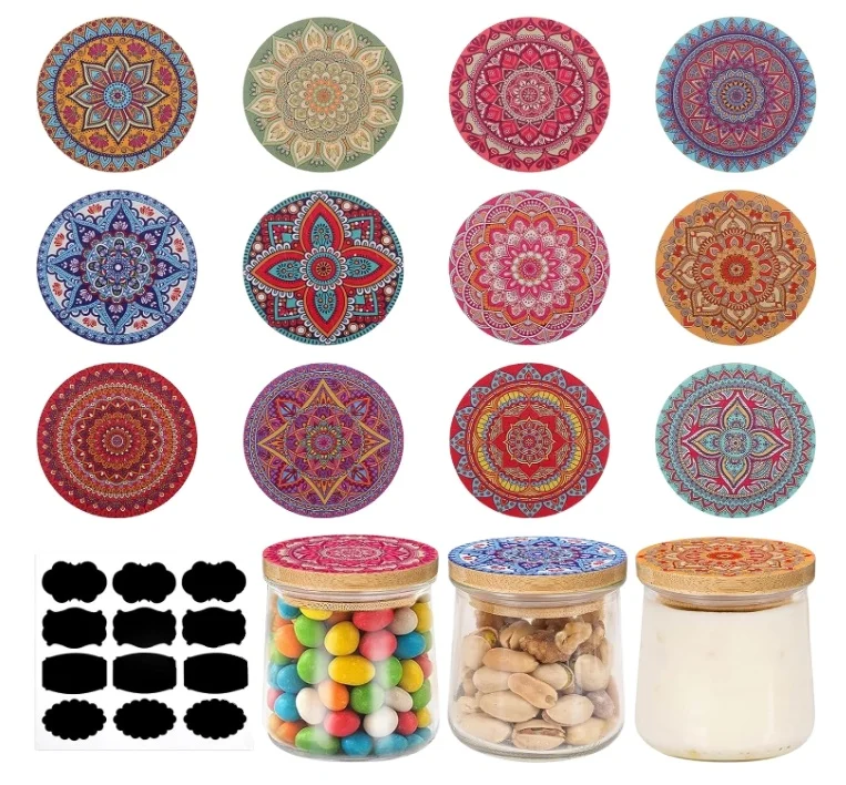 W460 Yogurt Jar Lids Reusable Bamboo Mandala Pattern Lids with Silicone Sealing Rings