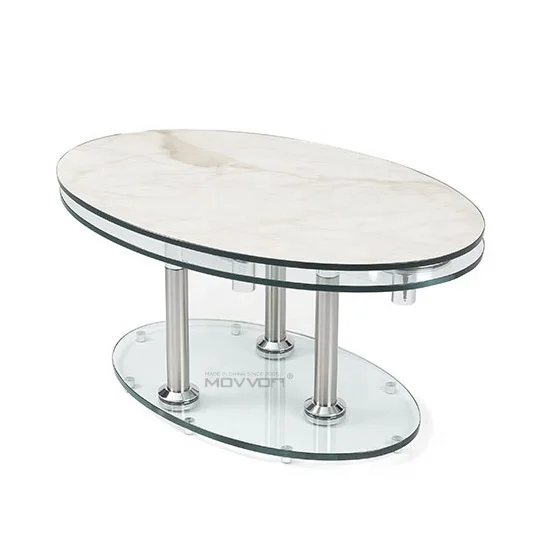 Modern functional  tempered glass top oval full swivel coffee table