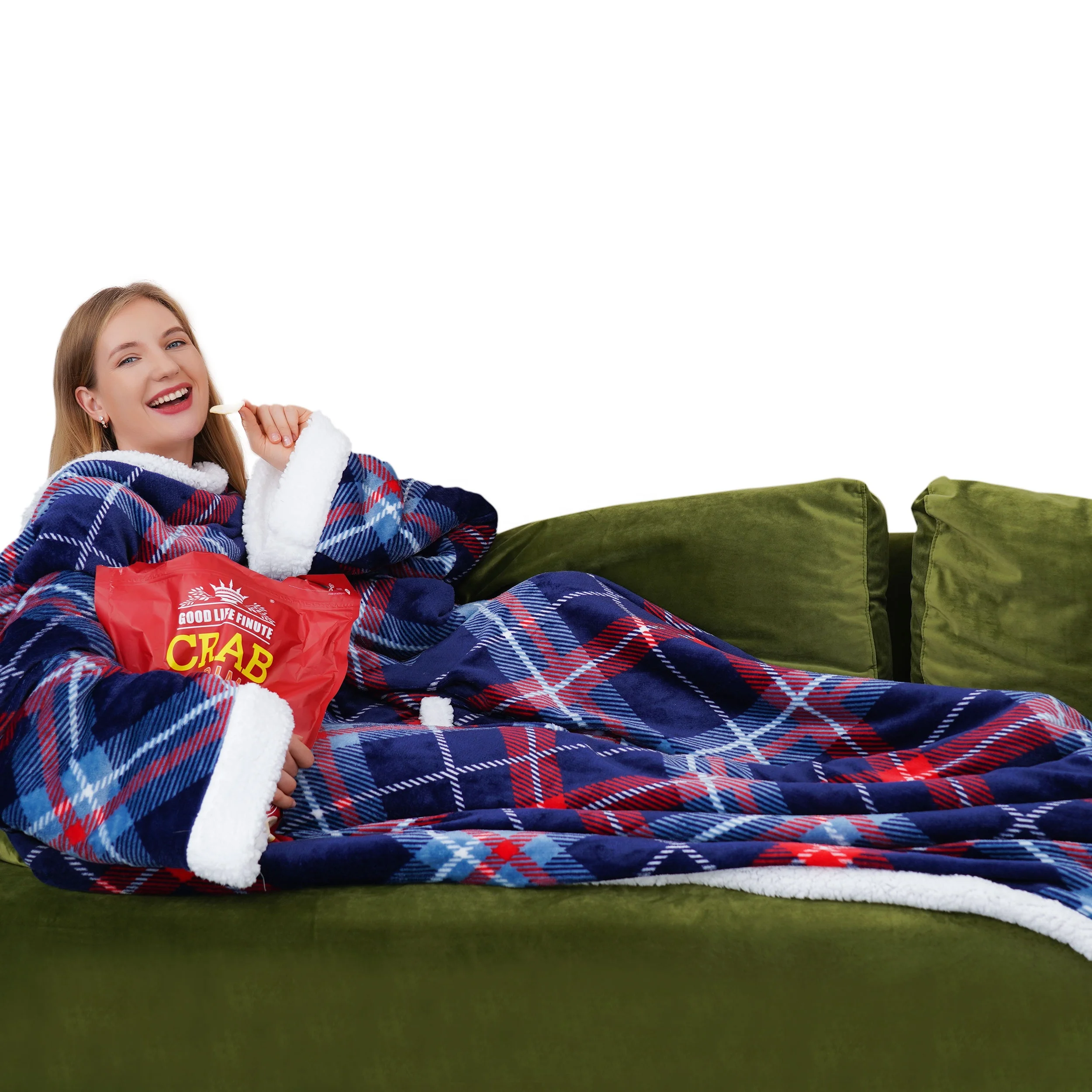 OEM & ODM Фланелевое плетеное длинное одеяло с капюшоном удобное одеяло с рукавами оверсайз зимнее ТВ одеяло Шерпа флис