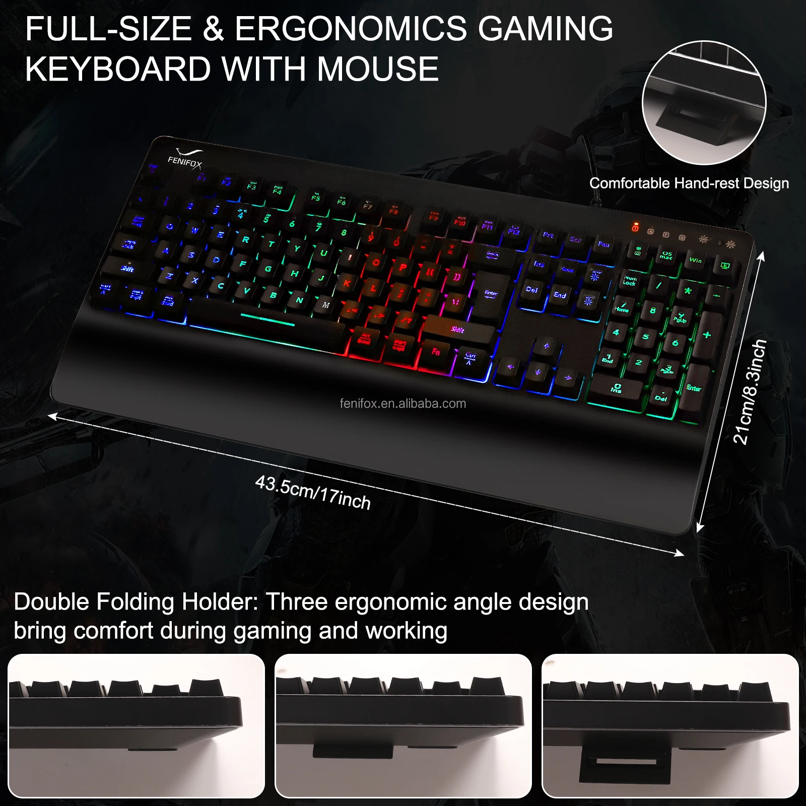 Big Palm Rest Ergonomic RGB Backlight Illuminated Game Light Gaming keyboard and Mouse Combo