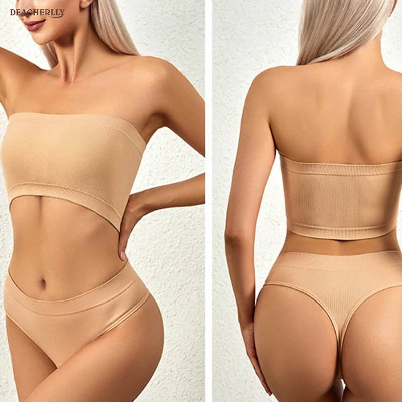 Women Classic Seamless Padded Bandeau and Brief Set Two Pieces Lingerie Bra Thong Sets