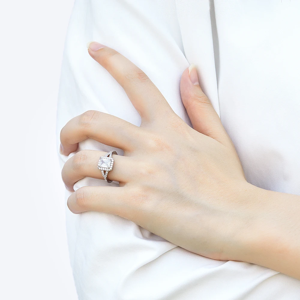 TL054 Halo Ring Princess Cut 5*7mm Wishbone Shaped Finger Engagement Rings 925 Silver