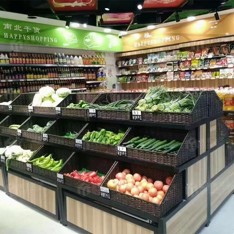 Meicheng Shop Racks Wooden Vegetable Stand Supermarket Steel Wood Fruit Vegetable Display Stand