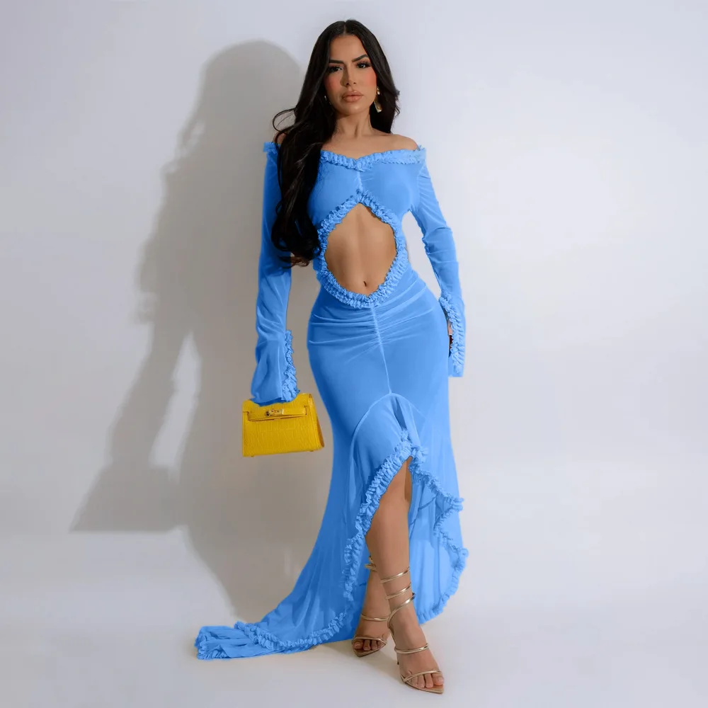 Liu Ming Clearance Sales 2025 Women Sexy See Through Long Sleeve Beach Outfits Solid Color Maxi Dress