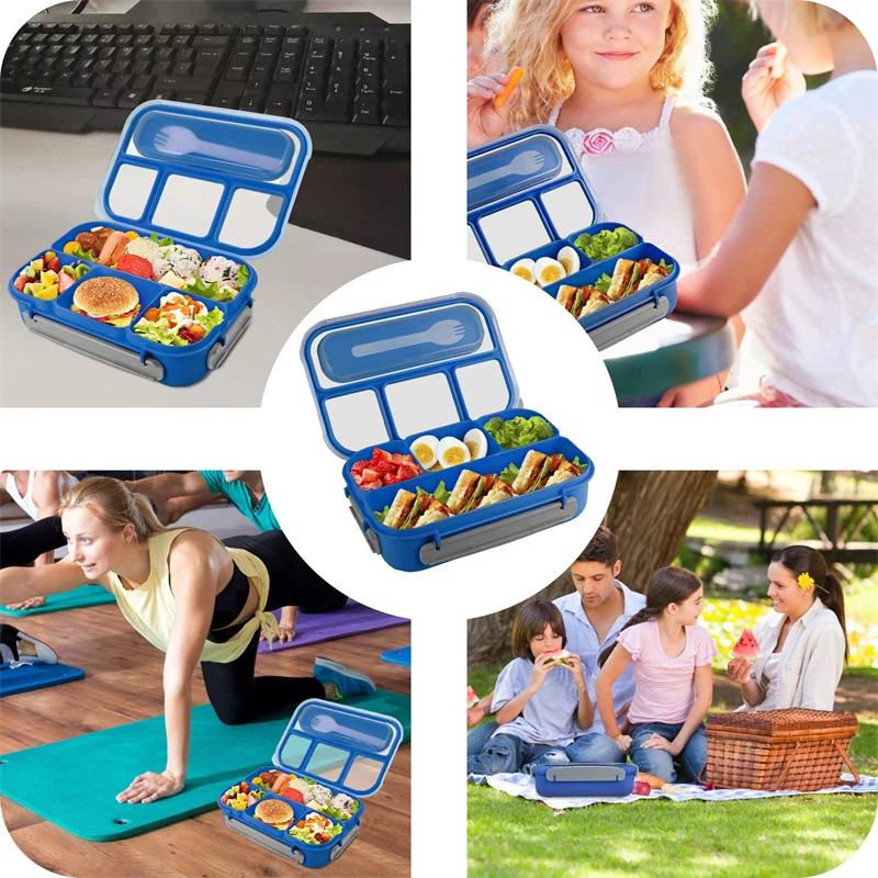 Amazon Hot quadrate airtight food container portable 4 Compartments&Fork bento lunch box for kids