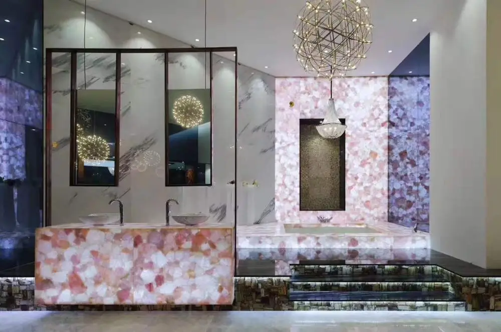 Luxury Customized Gemstone slabs  Semi-precious Stone Pink Quartz for Walls and Countertops