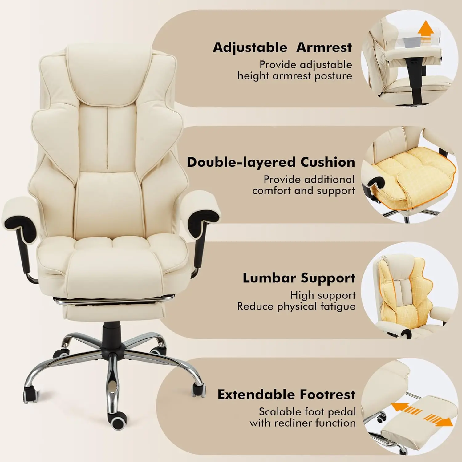 White Heating Executive 6-Point Massage Office Desk Chair Leather Computer Chair with Adjustable Armrest and Footrest