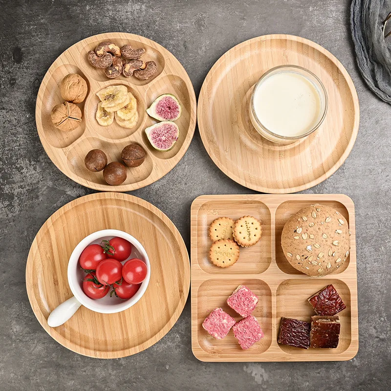 Wholesale bamboo wooden serving trays wholesale food snack fruit plate custom logo round square trays for home kitchen