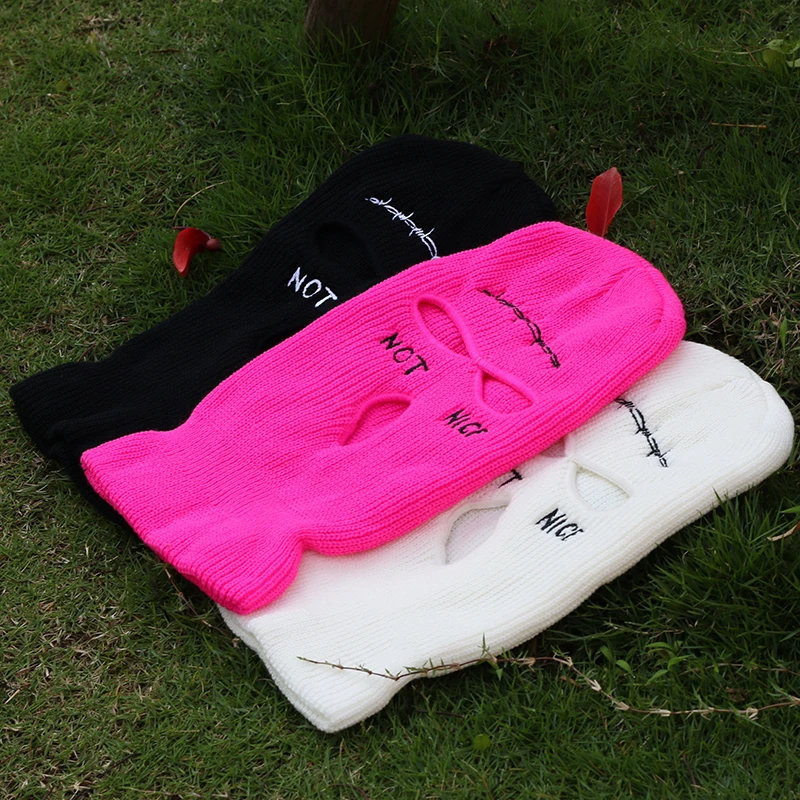 Wholesale Custom Quality Designer  Knitted Embroidery Full Face Cover 3 Hole Balaclava Ski Mask Winter Beanie Hat For Men Women